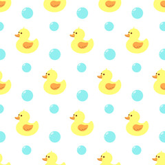 Seamless pattern soap bubbles and cute duck. Textile and wrapping paper design.