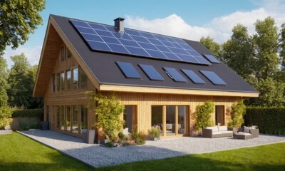 Fototapeta premium A house with a large solar panel on the roof