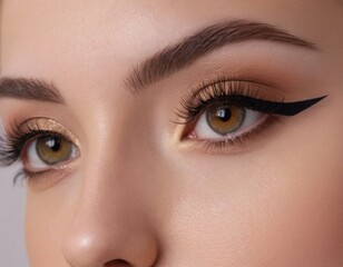 Obraz premium A woman with brown hair and brown eyes has her eyelashes curled up