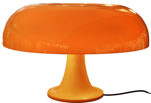 Nesso table lamp in orange plastic inspired by 60s design, by Artemide.Milan - italy,16 May 2024