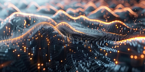 Abstract image of a dynamic, illuminated digital landscape with glowing orange lines and dots, representing data flow and connectivity in a futuristic technology concept.