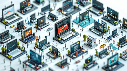 Obraz premium A group of people standing around a collection of laptops, engaged in discussion or collaboration