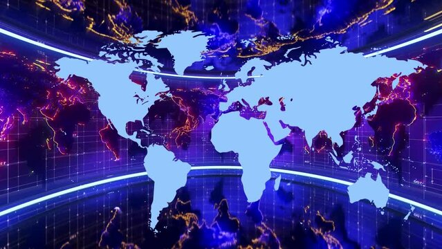 Global Earth rotating Digital World, world map, background with blue color, Digital World map, news studio
