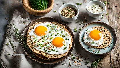 Crisp Crispbread with curd cheese spread with chives and seeds, fried egg and morning tea
