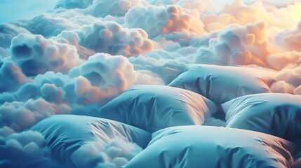 A dreamy scene depicting fluffy clouds interspersed with soft pillows, creating an impression of a surreal and tranquil sky landscape.