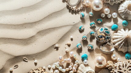 Naklejka premium In this artistic landscape, a necklace lies on a circle of sand, adorned with seashells and pearls. The wind creates aeolian landforms, adding a fun touch to the scene AIG50