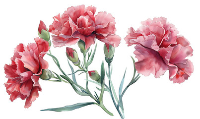 Watercolor Illustration of Red Carnations with Green Leaves on a White Background