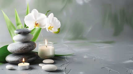 Elegant Spa Setting Featuring Black Stones, White Orchid, and Lit Candles, Creating a Peaceful and Relaxing Atmosphere