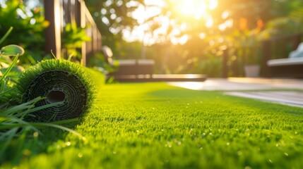 Modern home with artificial grass in the front yard Copy space image Place for adding text or design