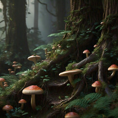 Sottobosco con funghi carnosi e felci intorno a grandi radici di alberi secolari su sfondo di foresta
