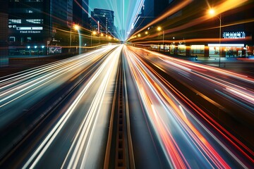 Long Exposure Photography Capturing the Dynamic Movement of City Highway Traffic at Night with Vibrant Light Trails and Urban Energy