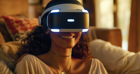 Beautiful woman sitting in a comfortable home setting on the sofa and using a modern virtual reality headset. Image representing modern high-end technology and human entertainment concepts