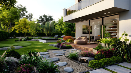 Obraz premium Tropical garden in courtyard of modern building,3D rendering of a house in the forest. House with courtyard,3D rendering of a modern villa with swimming pool and deck 