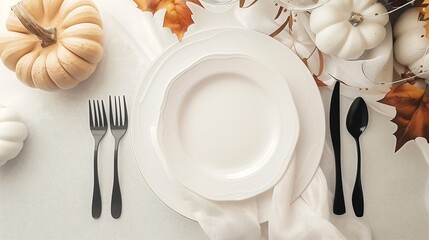 Elegant Festive Table Setting with Empty Plate and Cutlery, Surrounded by Pumpkins and Autumn Leaves, Ready for Celebration