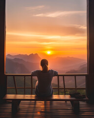 Person Meditating in a Mountain Lodge at Sunrise, Embracing Tranquility and Peaceful Reflection with Stunning Scenic View