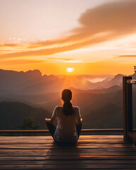 Person Meditating in a Mountain Lodge at Sunrise, Embracing Tranquility and Peaceful Reflection with Stunning Scenic View