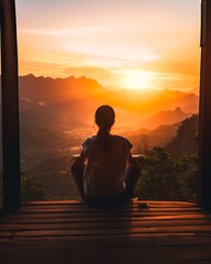 Person Meditating in a Mountain Lodge at Sunrise, Embracing Tranquility and Peaceful Reflection with Stunning Scenic View