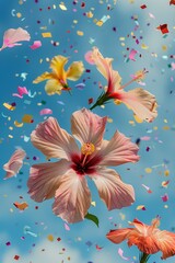 Fototapeta premium colorful hibiscus flowers flying with confetti against blue sky background for AAPI month