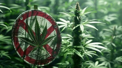 Close-up of a cannabis plant with a no marijuana sign in the foreground, emphasizing prohibition against marijuana cultivation or use, set against lush green foliage.