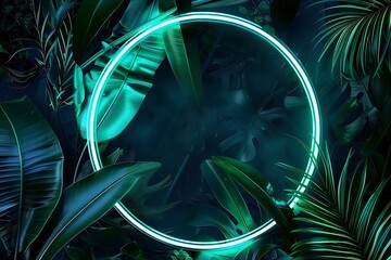 Illuminated Neon Circle Surrounded by Vibrant Green Tropical Leaves in a Mysterious Dark Jungle Setting at Night