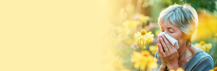 A gray-haired elderly woman sneezes into a paper napkin while standing next to flowering trees. She has a seasonal pollen allergy that causes sneezing, itchy nose and watery eyes. Banner.