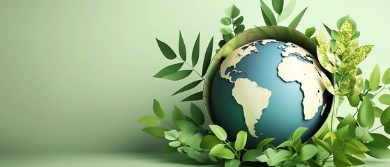 Earth Globe Surrounded by Green Leaves on a Light Background, Symbolizing Environmental Protection and Sustainability