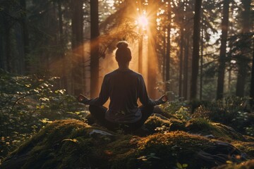A Woman Meditating In Front Of A Forest With The Sun Shining Through The Trees