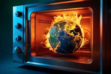 Dramatic Concept of Earth on Fire Inside a Microwave Oven, Highlighting Climate Change and Global Warming Crisis