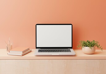 Fototapeta premium Warm Peach Fuzz Workspace with mockup blank screen laptop computer. 3D render.