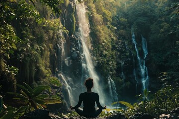 A Woman Meditating In Front Of A Waterfall In The Forest