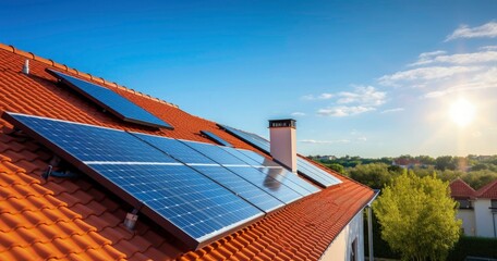 Solar panels on the roof against a blue sky, a house with a red tile roof and a green garden