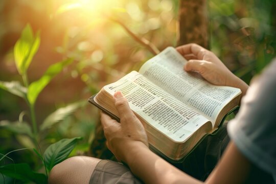 A Person Reading The Bible In The Forest With The Sun Behind Them