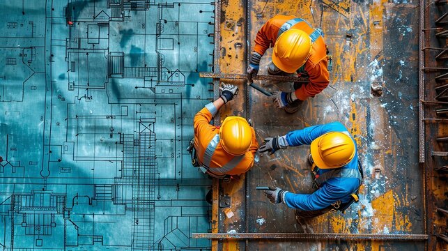A group of construction workers in hard hats and high-vis vests are busily working on a construction project at a building site