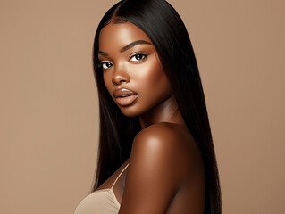 Beauty Fashion model. Black woman face, beautiful straight hair.