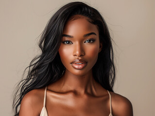 Naklejka premium Black woman face & beautiful straight hair, looking at camera, Beauty Fashion model.