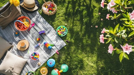 A group of children is enjoying a picnic surrounded by grass, trees, and shrubs in a natural landscape. They are leisurely soaking up the sun and appreciating the beauty of the environment AIG50