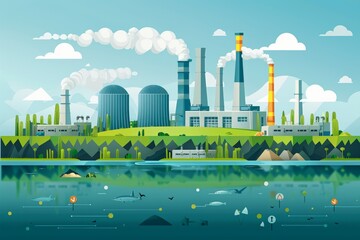 llustrative depiction futuristic industrial plant set against lush green landscape clean energy themes. Plant features multiple smokestacks domed structures, emitting steam.