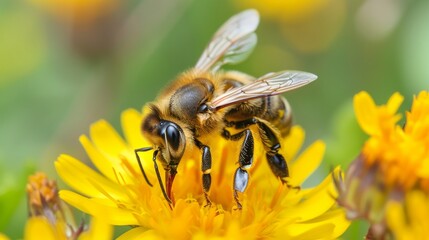 A selective focus shot of a bee eating the nectar. with copy space