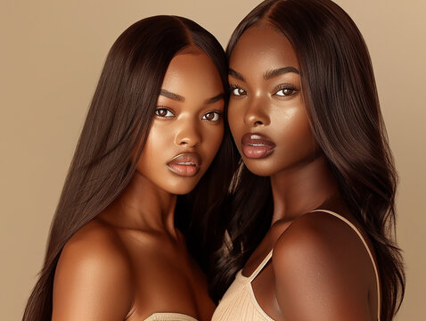Beauty image of two black women with natural makeup with beige background, Model, Beauty Advertising, with plain background