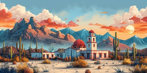 Surreal vector illustration of the Mexican desert with cacti, mountains and buildings in bold flat colors, vibrant geometric shapes, whimsical design, warm sunlight casting long shadows