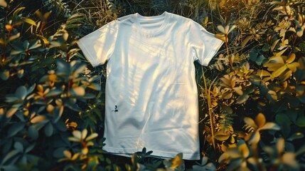 Minimalist White Shirt Displayed in Lush Outdoor Setting with Natural Lighting and Textures