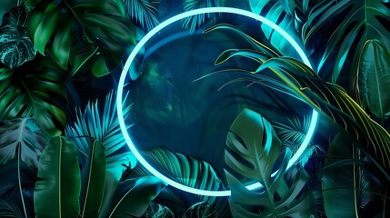 Illuminated Neon Circle Surrounded by Vibrant Green Tropical Leaves in a Mysterious Dark Jungle Setting at Night