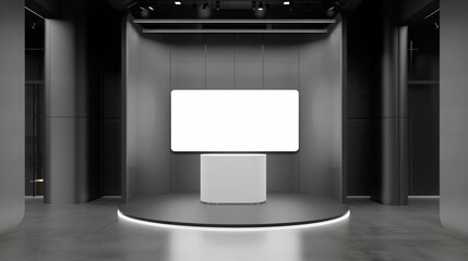 Minimalist black exhibition space with spotlighting, featuring an illuminated display panel and a white podium on a small stage.