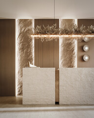 Modern reception interior design. Lobby design with stone reception desk. 3D Rendering, 3D Illustration