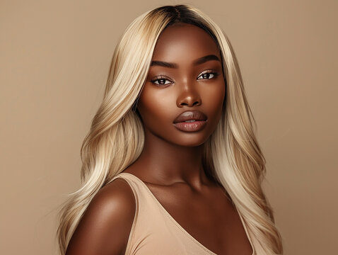 Portrait of a beautiful black woman with long blonde hair, perfect smooth skin beauty spa salon concept, beauty concept
