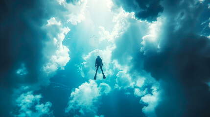 A scuba diver is suspended underwater, surrounded by sun rays penetrating from above through clouds, creating a mystical and serene atmosphere.