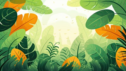 A colorful image of leaves and flowers with a bright yellow background