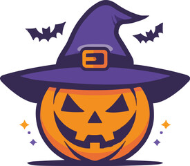 Halloween scary pumpkin in purple witches hat in cartoon style.