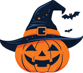 Halloween scary pumpkin in purple witches hat in cartoon style.