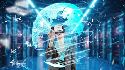 Woman selecting move data dynamic market rotate world analysis monitor by VR future global...